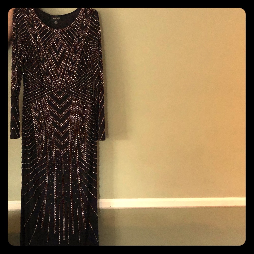 Xscape, black dress with gold & silver beading
